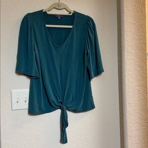 Gyft Teal V-Neck Blouse with Front Tie Size S